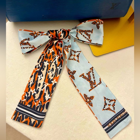 Chic Monogram Light Blue Orange Twilly
Bandeau Designer Patterned Scarf - Picture 2 of 5